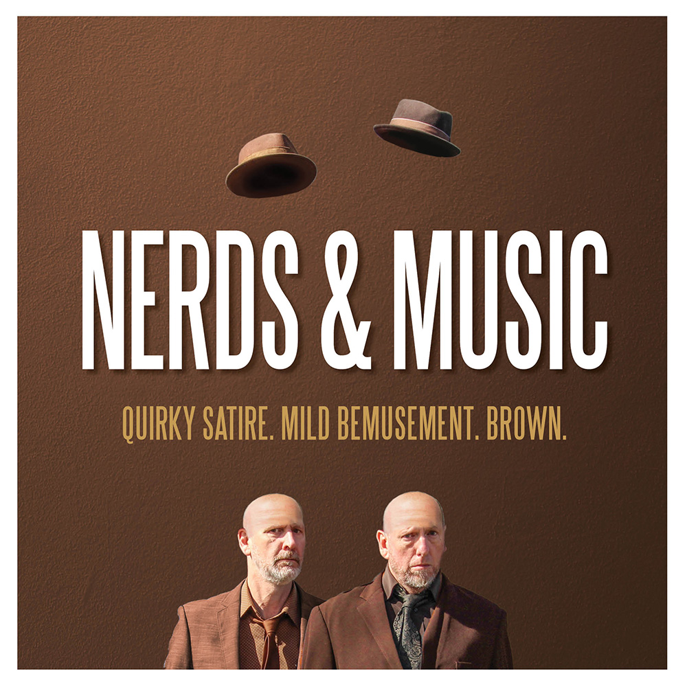 Two bald white men in brown suits stand underneath large white letters "Nerds & Music", with two hats floating in the air above