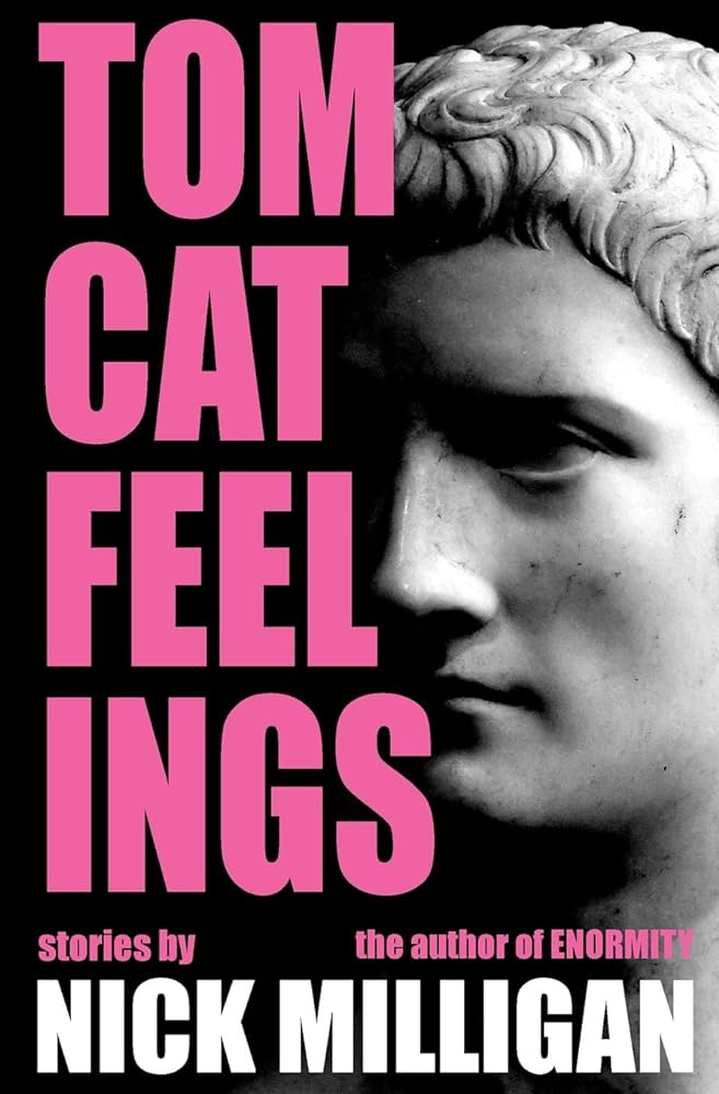 A black book cover featuring the head of a grey statue on one side and the title in large pink block letters on the other