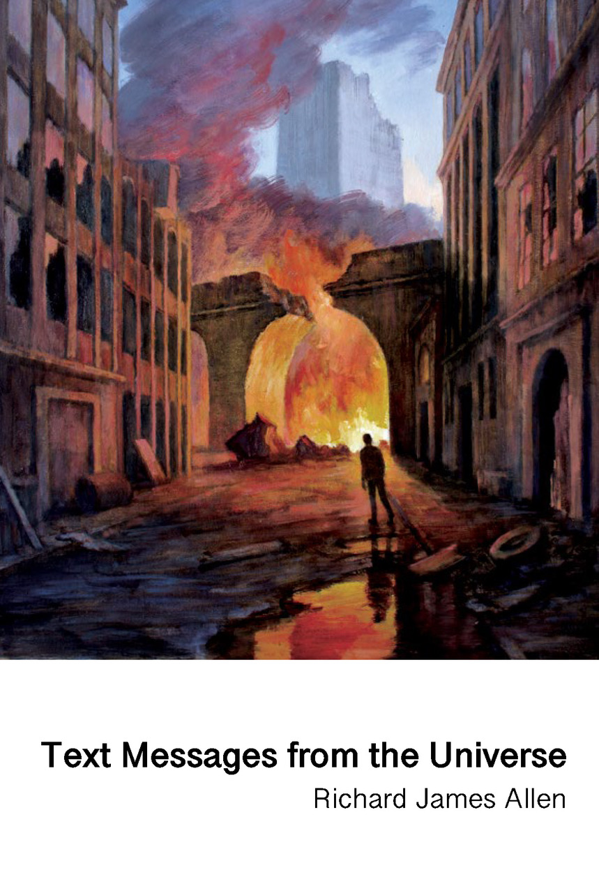 A book cover featuring artwork of a lone silhouette standing in a burning city street, with a white banner along the bottom containing the title and poet's name