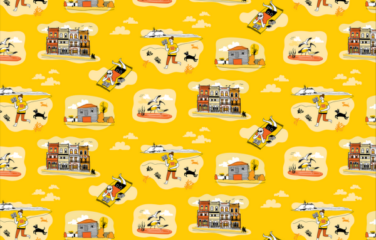 A vibrant artwork by Caelli Brooker featuring a yellow background with repeated illustrations of a character reading a book while lying on a towel, bin chickens, a runner reading with Nobbys lighthouse in the background, and a variety of buildings such as a rustic house and a series of terraces.